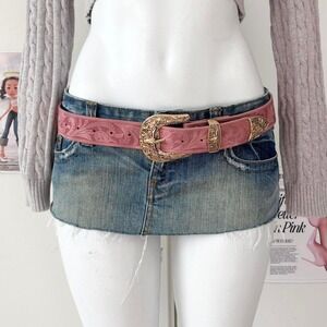 Y2K Engraved Western Belt Pink Faux Leather Gold Buckle One Size